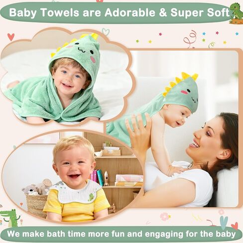 5 Pcs Baby Towel Set, 32x32 in Hooded Bath Towel, 3 Pcs Baby Washcloths and Cotton Baby Bibs for Newborns, Toddlers and Kids, Soft Baby Towels and Washcloths Set for Boys and Girls (Green Dinosaur) in Kuwait