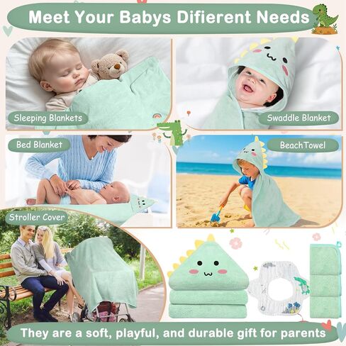 5 Pcs Baby Towel Set, 32x32 in Hooded Bath Towel, 3 Pcs Baby Washcloths and Cotton Baby Bibs for Newborns, Toddlers and Kids, Soft Baby Towels and Washcloths Set for Boys and Girls (Green Dinosaur) in Kuwait