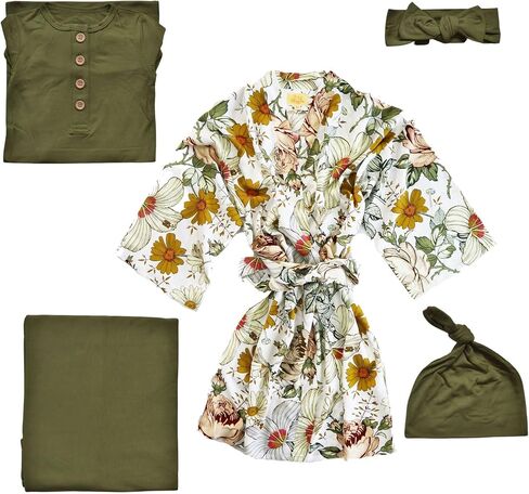 Wild Flowers Mommy Robe for Hospital and Delivery- Optional Matching Color Baby Swaddle Knotted Gown Hat Headband Bundles - Plus Size Mommy Robe, 18 Months in Kuwait