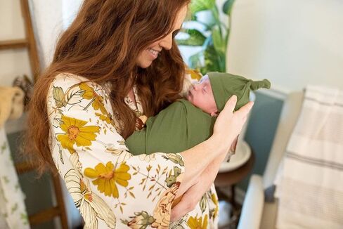 Wild Flowers Mommy Robe for Hospital and Delivery- Optional Matching Color Baby Swaddle Knotted Gown Hat Headband Bundles - Plus Size Mommy Robe, 18 Months in Kuwait