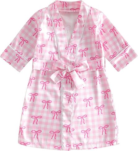 Girls Silky Satin Kimono Robes for Wedding Birthday Party Spa Child Gifts | Toddler Girl Satin Bathrobe Bow Print Long Sleeve Kimono Robes Plaid Silk Robe with Belt 2Pcs Infant Bath Robe for Girls in Kuwait