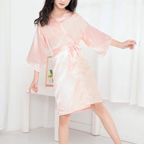 Toddler Girls n𝐢ghtgowns R𝐨be Silky Satin Short Sleeve L𝐨unge Bathr𝐨be with Belt Summer Soft (Beige, 18-24 Months) in Kuwait