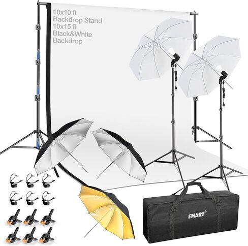 EMART Photography Lighting Kit with 8.5x10FT Photo Backdrop Stand System & Photography Umbrella, 5500K 45W CFL Bulb, Black/White Muslin Backdrop, Umbrella Lights for Video Recording, Portrait, Studio in Kuwait