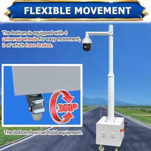 Security Camera Pole 6.6 8.2 9.8 11.5 13ft，Mobile Steel Surveillance Post Stand with Lockable Storage Box & 4 360° Casters，Detachable CCTV Pole Mount(B,13 1/10 ft(4m) Pole) in Kuwait