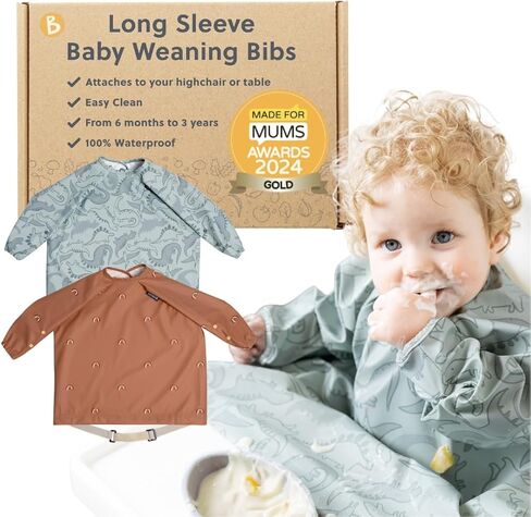 BIBaDO - Long Sleeve Baby Bibs - Babies & Toddlers 6-36 Months - Coverall Baby Led Weaning Bib - Easy Wipe, Soft & Waterproof in Kuwait
