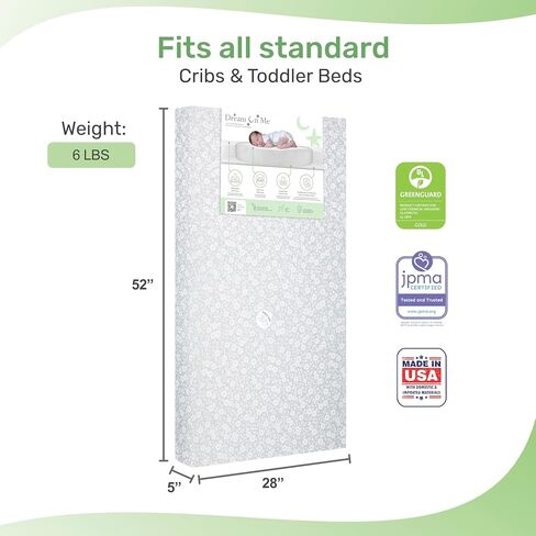 Dream On Me Dreamland Orthopedic Firm Fiber Crib and Toddler Bed Mattress, Greenguard Gold and JPMA Certified, Waterproof Vinyl Cover, Dual-Sided Mattress, Grey, Made In The U.S.A in Kuwait