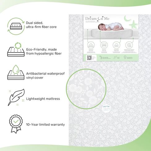 Dream On Me Dreamland Orthopedic Firm Fiber Crib and Toddler Bed Mattress, Greenguard Gold and JPMA Certified, Waterproof Vinyl Cover, Dual-Sided Mattress, Grey, Made In The U.S.A in Kuwait