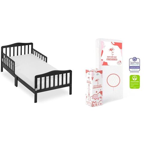 Dream On Me Classic Design Toddler Bed in Black, Greenguard Gold Certified and Baby Fairy 5" Foam Crib & Toddler Bed Mattress in a Box, White I Greenguard Gold Certified I JPMA Certified in Kuwait