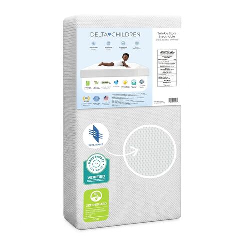 Delta Children Twinkle Stars Crib and Toddler Mattress with Breathable, Removable Machine-Washable Cover - GREENGUARD Gold - Waterproof Baby Bed - Sustainably Sourced Fiber Core - 52"Lx27.5"W, White in Kuwait