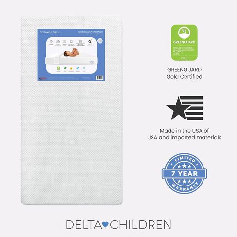 Delta Children Twinkle Stars Crib and Toddler Mattress with Breathable, Removable Machine-Washable Cover - GREENGUARD Gold - Waterproof Baby Bed - Sustainably Sourced Fiber Core - 52"Lx27.5"W, White in Kuwait