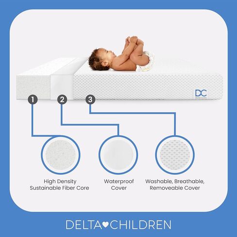 Delta Children Twinkle Stars Crib and Toddler Mattress with Breathable, Removable Machine-Washable Cover - GREENGUARD Gold - Waterproof Baby Bed - Sustainably Sourced Fiber Core - 52"Lx27.5"W, White in Kuwait