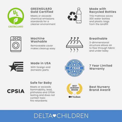 Delta Children Twinkle Stars Crib and Toddler Mattress with Breathable, Removable Machine-Washable Cover - GREENGUARD Gold - Waterproof Baby Bed - Sustainably Sourced Fiber Core - 52"Lx27.5"W, White in Kuwait