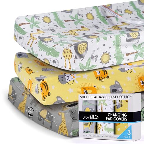 GROW WILD Changing Pad Cover 3 Pack | Soft & Stretchy Jersey Cotton | Baby Changing Table Pad Cover | Diaper Changing Pad Covers for Girls and Boys (Animals & Safari) in Kuwait