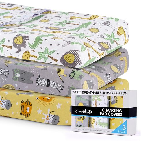 GROW WILD Changing Pad Cover 3 Pack | Soft & Stretchy Jersey Cotton | Baby Changing Table Pad Cover | Diaper Changing Pad Covers for Girls and Boys (Animals & Safari) in Kuwait
