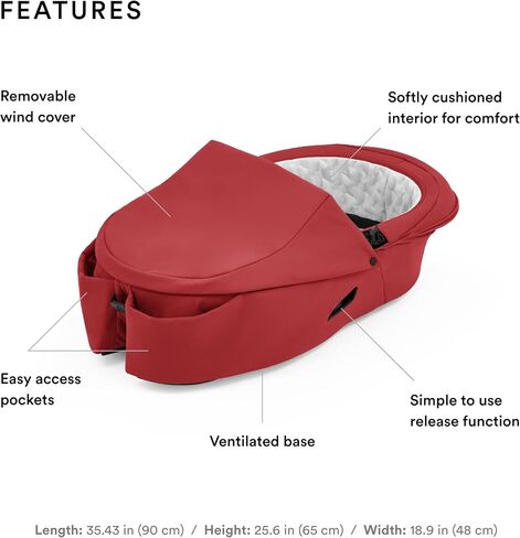 Stokke Xplory X Carry Cot, Ruby Red - Detachable Cot for Xplory X Stroller - Soft Interior Lining & Breathable Mattress - with Removable Wind Cover & Two Easy-Access Pockets in Kuwait