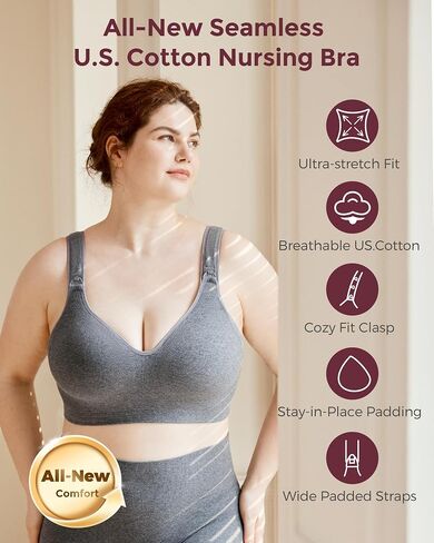 Momcozy Busty Nursing Bras, U.S.Cotton Wirefree Fixed Padded Maternity Bra, Full Coverage Adjustable Fit in Kuwait