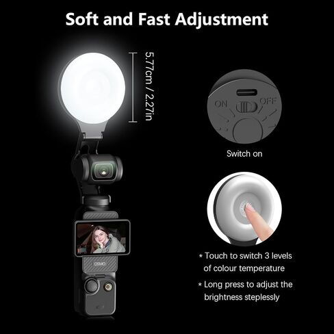 AMAZEAR LED Light for DJI OSMO Pocket 3 Accessories, Auto-Follow Gimbal Selfie Vlog Video Auxiliary Fill Lighting, CRI≥95, 3-Color Temp 2500-9000K Brightness Adjustable, 2W USB-C (Black) in Kuwait