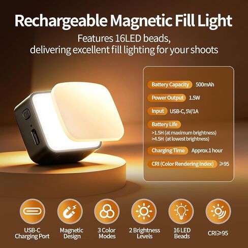 yAyusi 3Pcs Magnetic Selfie Fill Light for DJI Osmo Pocket 3/4 & Xtra Muse Accessories, 500mAh Rechargeable Mini LED Fill Light with 2 Brightness & 3 Color Modes for Selfie Vlog Recording in Kuwait