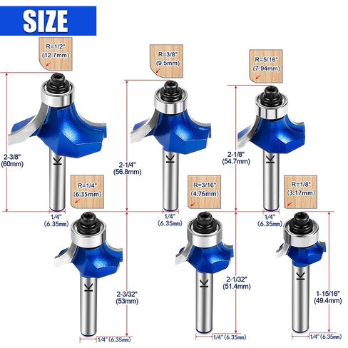 6Pcs Roundover Router Bit 1/4 Shank,Radius 1/8" 3/16" 1/4" 5/16" 3/8" 1/2" | Carbide Tip 2 Flutes Corner Rounding Over Edge Forming Router Bit with Bearing Guide CNC Woodworking Tool in Kuwait