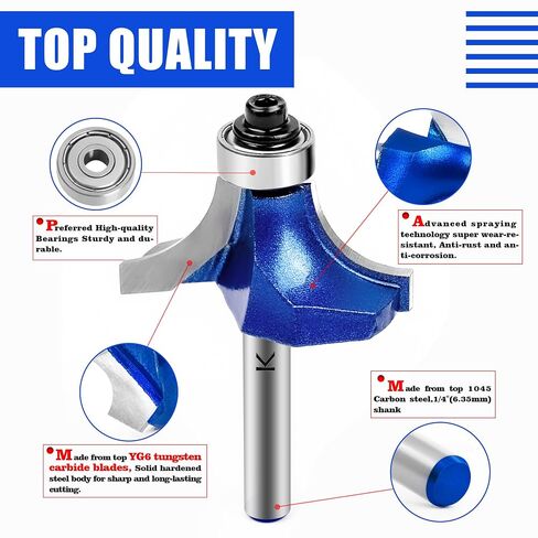 6Pcs Roundover Router Bit 1/4 Shank,Radius 1/8" 3/16" 1/4" 5/16" 3/8" 1/2" | Carbide Tip 2 Flutes Corner Rounding Over Edge Forming Router Bit with Bearing Guide CNC Woodworking Tool in Kuwait
