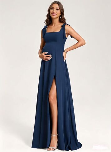 Chiffon Maternity Dress for Photoshoot A-Line Square Neck | Baby Shower Dress Spaghetti Straps Ruched Maternity Wedding Guest Dress in Kuwait