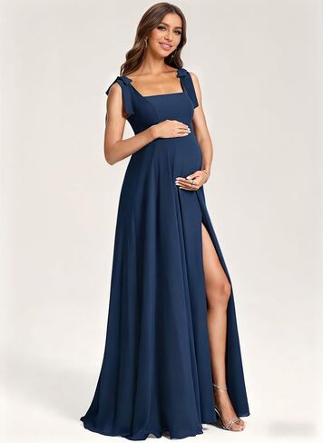Chiffon Maternity Dress for Photoshoot A-Line Square Neck | Baby Shower Dress Spaghetti Straps Ruched Maternity Wedding Guest Dress in Kuwait
