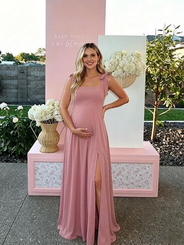 Chiffon Maternity Dress for Photoshoot A-Line Square Neck | Baby Shower Dress Spaghetti Straps Ruched Maternity Wedding Guest Dress in Kuwait