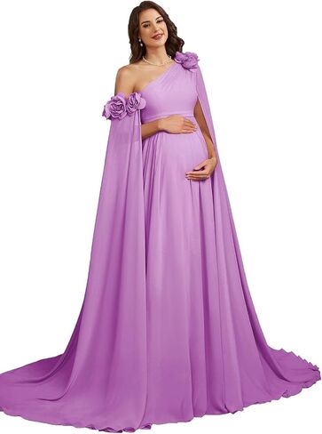 One Shoulder Maternity Dresses with Sleeve Chiffon 3D Flower Pregnant Dress in Kuwait