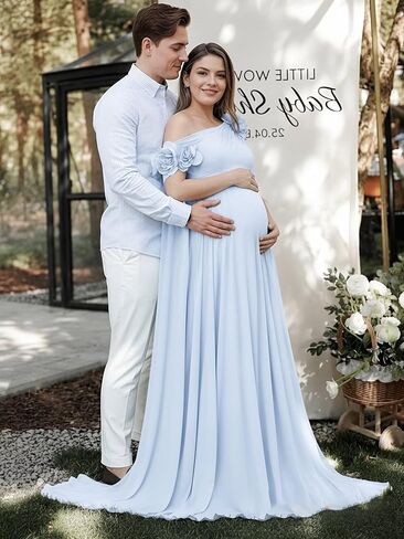 One Shoulder Maternity Dresses with Sleeve Chiffon 3D Flower Pregnant Dress in Kuwait