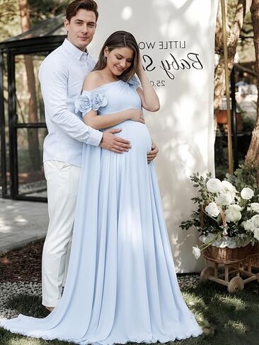 One Shoulder Maternity Dresses with Sleeve Chiffon 3D Flower Pregnant Dress in Kuwait