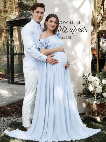One Shoulder Maternity Dresses with Sleeve Chiffon 3D Flower Pregnant Dress in Kuwait