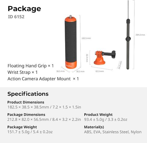 SmallRig Floating Hand Grip Waterproof Monopod, Action Camera Accessories for DJI Action 6/5 Pro/4/3, for Go Pro Hero 13/12/11/10 Black, for Insta360, Underwater Hand Stick for Water Sports (Orange) in Kuwait