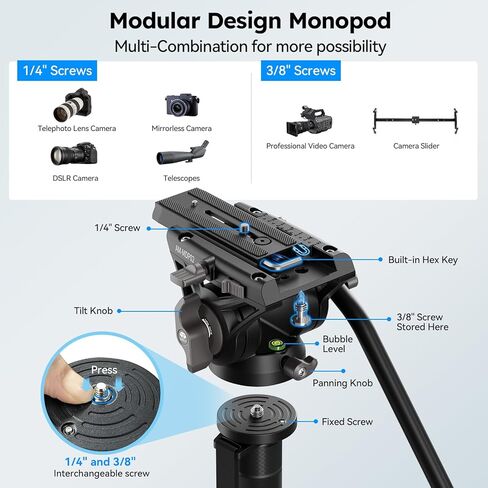 SIRUI Camera Monopod with Feet, 74" Lightweight Portable Travel Video Monopod with Pan Tilt Fluid Head for DSLR Camera Camcorder, Max Load 17.6lb/8kg, AM-MDP02 in Kuwait