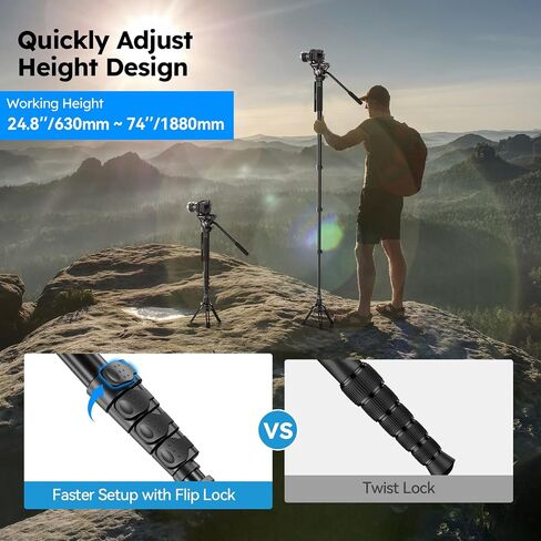 SIRUI Camera Monopod with Feet, 74" Lightweight Portable Travel Video Monopod with Pan Tilt Fluid Head for DSLR Camera Camcorder, Max Load 17.6lb/8kg, AM-MDP02 in Kuwait