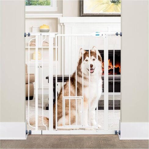 Carlson 36" Extra Tall Walk Through Dog Gate for Doorways & Bottom of Stairs, Metal Pet Gate with Small Pet Door, Expands 29.5"–36.5", White in Kuwait