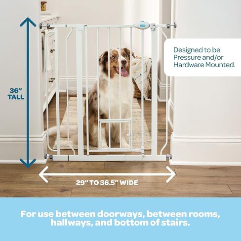 Carlson 36" Extra Tall Walk Through Dog Gate for Doorways & Bottom of Stairs, Metal Pet Gate with Small Pet Door, Expands 29.5"–36.5", White in Kuwait