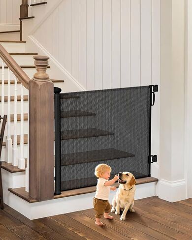Retractable Baby Gates, 34" Tall Fits Up to 55" Wide, Black | No Bottom Bar Mesh Baby & Pet Gate with Anti-Crawling Hook, One-Hand Operation, Safety Lock for Stair, Doorway,Indoor/Outdoor in Saudi Arabia