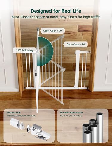 Babelio Pressure Mounted Baby Gate for Stairs, 26-40" Wide No Drilling Option, Auto Close with 3-Way Locking, Easy Install Safety Gate for Doorways, Kitchen, Hallway, Laundry, Indoor Use, White in Kuwait