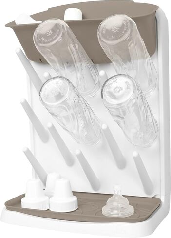 Ubbi Vertical Baby Bottle Drying Rack, Space Saving Countertop Drying Rack Baby Accessory, Taupe | 13-Peg Bottle Drying Rack Removable Drain Tray, Baby Organizer for Pump Parts, Pacifier & Accessories, Dishwasher Safe, Taupe in Kuwait