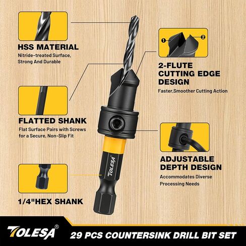 TOLESA Countersink Drill Bit Set, 29 PCS Counter Sink Drill Bit for Wood with 2PC Wood Plug Cutters, Magnetic Extension Bit Holder, Screwdriver Bits, Storage Case in Kuwait