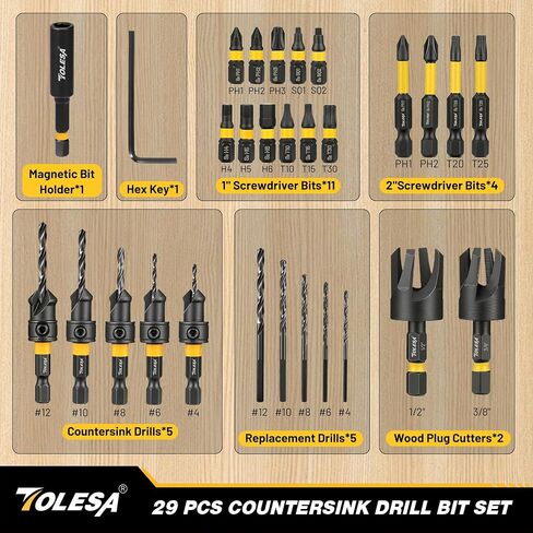 TOLESA Countersink Drill Bit Set, 29 PCS Counter Sink Drill Bit for Wood with 2PC Wood Plug Cutters, Magnetic Extension Bit Holder, Screwdriver Bits, Storage Case in Kuwait