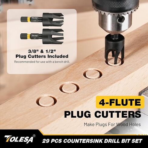 TOLESA Countersink Drill Bit Set, 29 PCS Counter Sink Drill Bit for Wood with 2PC Wood Plug Cutters, Magnetic Extension Bit Holder, Screwdriver Bits, Storage Case in Kuwait