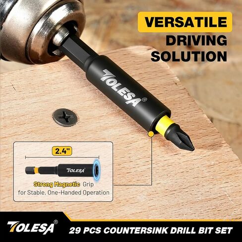 TOLESA Countersink Drill Bit Set, 29 PCS Counter Sink Drill Bit for Wood with 2PC Wood Plug Cutters, Magnetic Extension Bit Holder, Screwdriver Bits, Storage Case in Kuwait