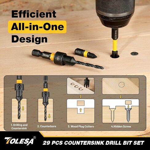 TOLESA Countersink Drill Bit Set, 29 PCS Counter Sink Drill Bit for Wood with 2PC Wood Plug Cutters, Magnetic Extension Bit Holder, Screwdriver Bits, Storage Case in Kuwait