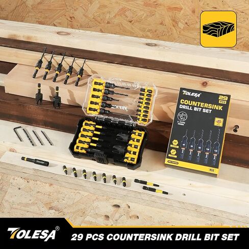 TOLESA Countersink Drill Bit Set, 29 PCS Counter Sink Drill Bit for Wood with 2PC Wood Plug Cutters, Magnetic Extension Bit Holder, Screwdriver Bits, Storage Case in Kuwait