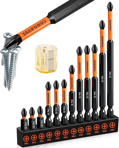 COMOWARE 13pcs Phillips Head Drill Bits #2, S2 Steel 1/4" Hex Bit Set, Anti Slip Screwdriver Bits, 1-6" Length, CNC Tip Magnetic Drill Bit, Impact Hex Bits Sets For Electronic Devices Disassembly in Kuwait