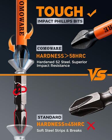 COMOWARE 13pcs Phillips Head Drill Bits #2, S2 Steel 1/4" Hex Bit Set, Anti Slip Screwdriver Bits, 1-6" Length, CNC Tip Magnetic Drill Bit, Impact Hex Bits Sets For Electronic Devices Disassembly in Kuwait