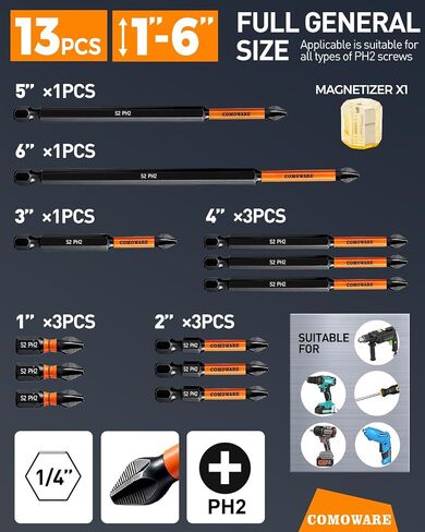 COMOWARE 13pcs Phillips Head Drill Bits #2, S2 Steel 1/4" Hex Bit Set, Anti Slip Screwdriver Bits, 1-6" Length, CNC Tip Magnetic Drill Bit, Impact Hex Bits Sets For Electronic Devices Disassembly in Kuwait