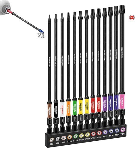 Geinxurn Impact Security Torx Bit Set, 1"/2"/3"/6" 54pcs Magnetic (TT7-TT40) S2 Steel Star Bits with 1/4 Hex-Shank, Long Extension Tamper Proof Screwdriver Bits Stored in Color Coded Base in Kuwait