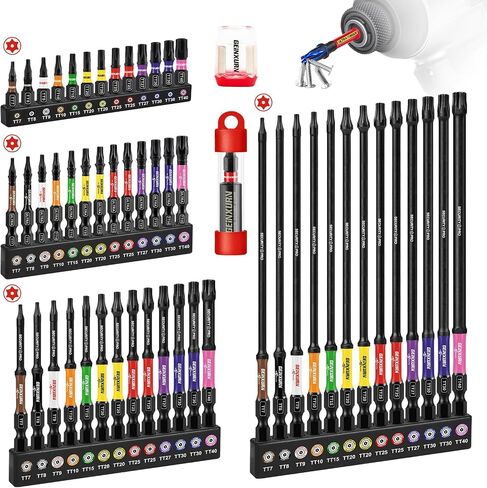 Geinxurn Impact Security Torx Bit Set, 1"/2"/3"/6" 54pcs Magnetic (TT7-TT40) S2 Steel Star Bits with 1/4 Hex-Shank, Long Extension Tamper Proof Screwdriver Bits Stored in Color Coded Base in Kuwait